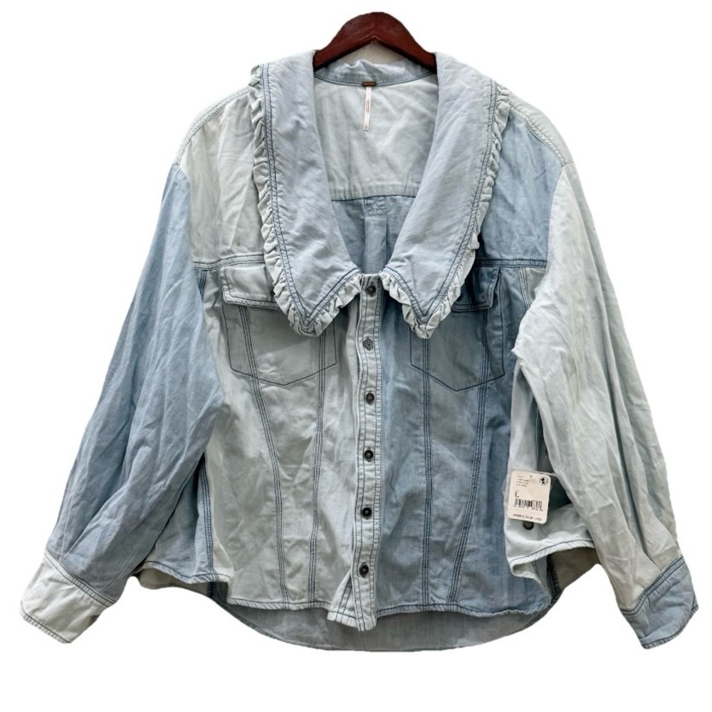 FREE PEOPLE Daisy Denim Ruffle Collar Button Down Shirt Top Size Large NWT